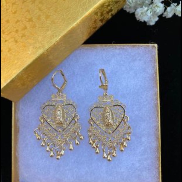 18k Gold Filled Filigree Virgin Guadalupe earrings/Aretes Filigrana Oro Laminado - Picture 2 of 6